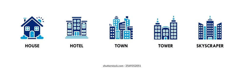 Building banner web icon vector illustration concept with icons of house, hotel, town, tower, and skyscraper