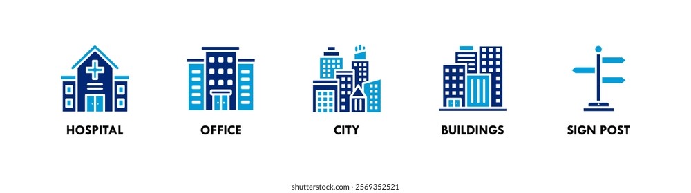 Building banner web icon vector illustration concept with icons of hospital, office, city, buildings, and sign post