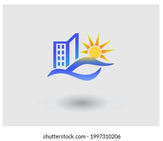 building with beach logo in sunset landscape vector template