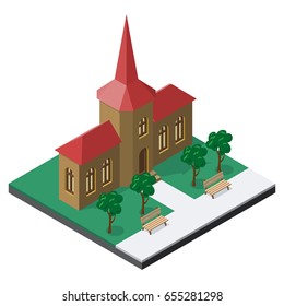 Building with benches and trees in isometric view.