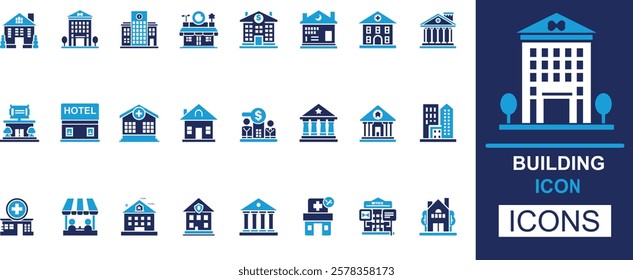 Building best icon set. house, office, bank, school, hotel, shop, university and hospital