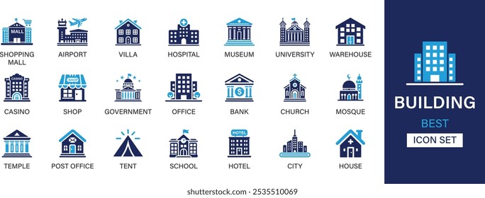 Building best solid icon set collection. Shopping mall, airport, villa, hospital, museum, university, warehouse, casino, shop, government, office, bank, mosque and vector illustration.
