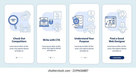Bessere Website mit hellblauem Onboarding-Mobile-App-Bildschirm. 4-stufige, editierbare grafische Anleitungen mit linearen Konzepten. UI, UX, GUI-Vorlage. Myriad Pro-kühne, Standardschriftarten verwendet