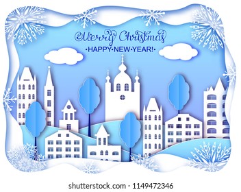 Building of big city and clouds in winter. Paper art style. Christmas and Happy New Year card.