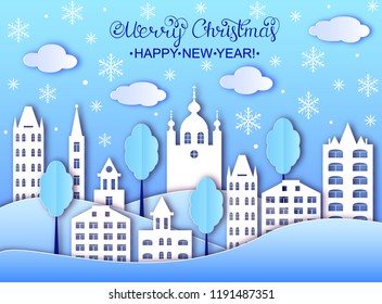Building of big city and clouds in winter. Paper art style. Christmas and Happy New Year card.