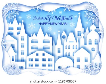 Building of big city and clouds in winter. Paper art style. Christmas and Happy New Year card.