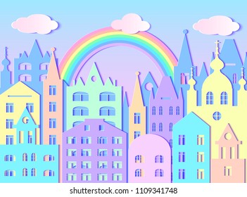 Building of big city, rainbow and clouds. Vector illustration. Paper art style