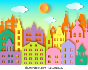 Building of big city,sun and clouds. Vector illustration. Paper art style