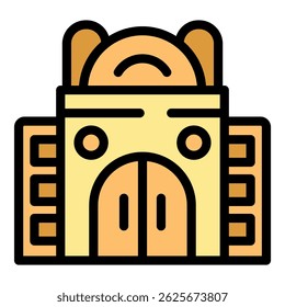 Building with big gate having round shaped roof and square shaped windows on walls on white background