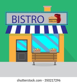 Building bistro cartoon style. Cafe facade, shop and food, burger tasty. Vector art design abstract unusual fashion illustration