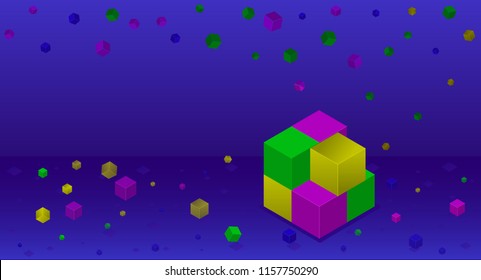 Building block of cubes. Isometric colorful cubes on the dark blue background. Falling dawn cubes. Place for inscription. Vector illustration.