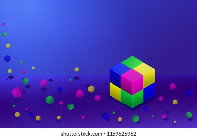 Building block of cubes. Isometric colorful cubes on the dark blue background. Falling dawn cubes. Place for inscription. Vector illustration.