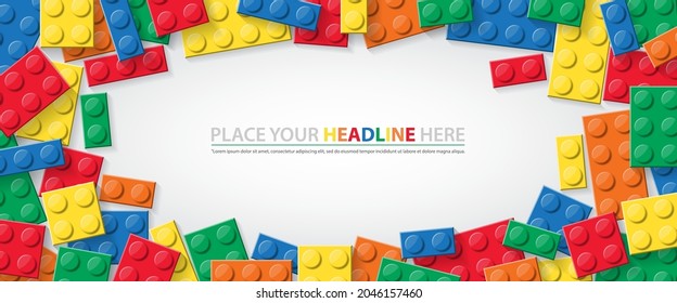 Building block toys template design like Lego for sale promotion. Banner vector toy with colorful block bricks toy for flyer, poster, web, ads, and social media. Baby and kids shop. Online shopping