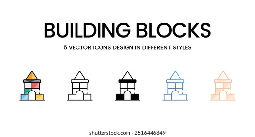 Ícones de blocos de construção definem cinco ilustrações de estoque de vetor de estilo diferente