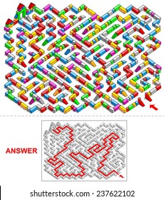 Building blocks labyrinth (landscape). Find a correct way through the labyrinth made of building blocks.