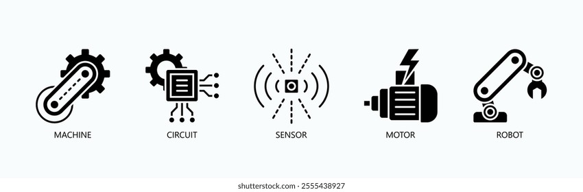 Building Blocks Of Robotics And Automation Icon Set Vector Illustration Concept With Icon Of Machine, Circuit, Sensor, Motor, Robot In Glyph Style