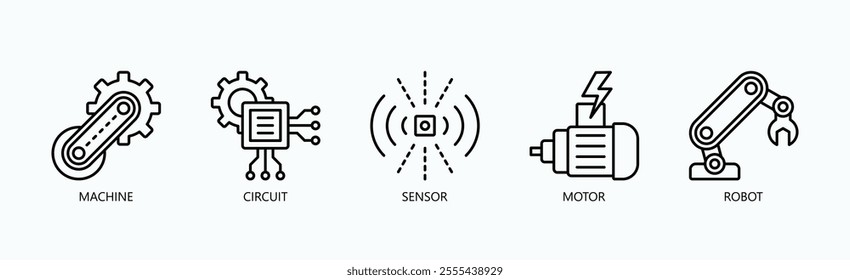 Building Blocks Of Robotics And Automation Icon Set Vector Illustration Concept With Icon Of Machine, Circuit, Sensor, Motor, Robot In Outline Style