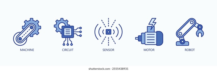 Building Blocks Of Robotics And Automation Icon Set Vector Illustration Concept With Icon Of Machine, Circuit, Sensor, Motor, Robot In Blue Style
