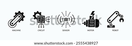 Building Blocks Of Robotics And Automation Icon Set Vector Illustration Concept With Icon Of Machine, Circuit, Sensor, Motor, Robot In Glyph Style