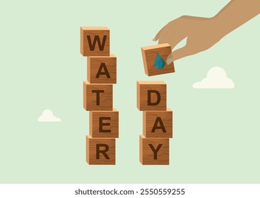 Building Blocks for World Water Day. Wooden blocks spelling 'Water Day' with a hand placing a water drop block, symbolizing conservation, sustainability, and global awareness. Water day. Vector 