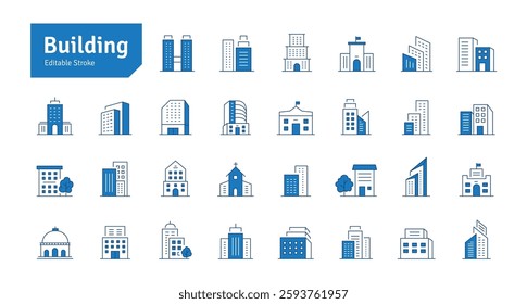 Building Blue Line Icons Set. Apartment, House, Real Estate, Cityscape, Office, Bank, School, University, Hotel Icons. Editable Stroke Vector Illustration