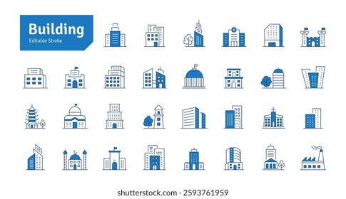 Building Blue Line Icons Set. Apartment, House, Real Estate, Cityscape, Office, Bank, School, University, Hotel Icons. Editable Stroke Vector Illustration