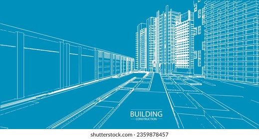 Building blue print perspective construction plan facades architectural sketch.Vector illustration