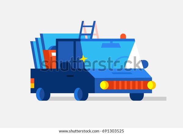 Building blue truck with glass and tools.\
Vector illustration.
