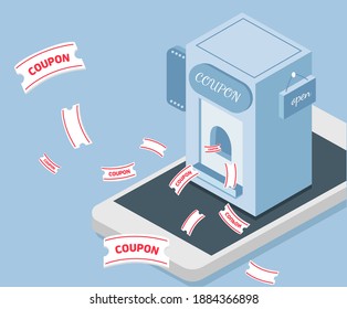 building bombarded with coupons illustration set. mobile, open, sale, market. Vector drawing. Hand drawn style.