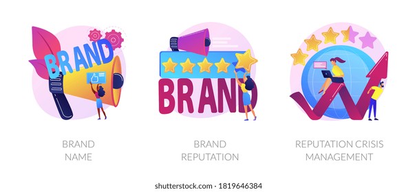 Building brand marketing strategy. Product awareness and recognition campaign. Brand name, brand reputation, reputation crisis management metaphors. Vector isolated concept metaphor illustrations.