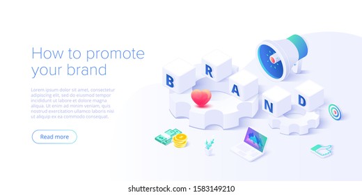 Building Brand Strategy In Isometric Vector Illustration. Identity Marketing And Reputation Management. Brand Persona Creation. Web Banner Layout Template. 