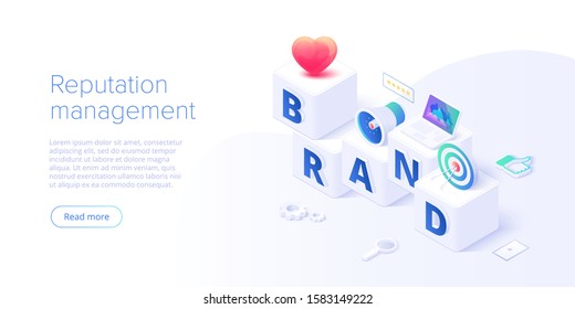 Building brand strategy in isometric vector illustration. Identity marketing and reputation management. Brand persona creation. Web banner layout template. 