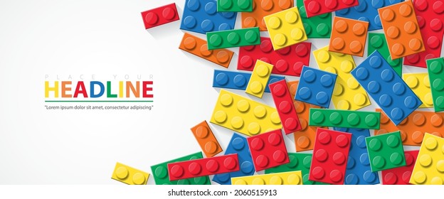 Diseño de plantillas de juguetes de bloques de construcción sobre fondo blanco. Elemento de juguete vectorial de pancarta con juguete de ladrillos en bloques colorido para volante, afiche, web, anuncios y medios sociales.