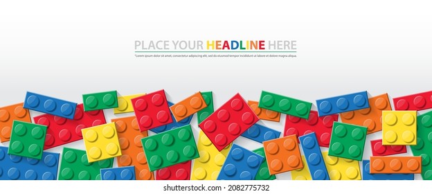Building brick block toys template design for sales promotion. Banner vector toy with colorful block bricks toy like Lego for flyer, poster, web, ads, and social media. Design for baby and kids