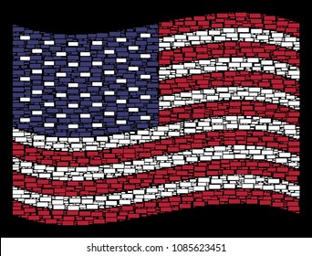 Building brick icons are composed into waving United States flag abstraction on a dark background. Vector collage of American state flag is constructed of building brick elements.