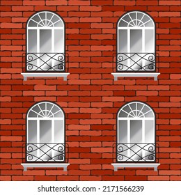 Building brick wall seamless pattern. Fragment of red brick outdoor wall with windows and lattices.  Architectural vector design.