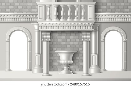 Building brick wall with white classic gypsum roman columns, arch door hole, decorative vase and balcony railing. Realistic 3d vector illustration of vintage facade with Greek architecture elements.