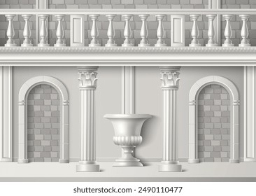 Building brick wall with white classic gypsum roman columns, arch door hole, decorative vase and balcony railing. Realistic 3d vector illustration of vintage facade with Greek architecture elements.