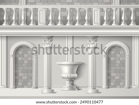 Building brick wall with white classic gypsum roman columns, arch door hole, decorative vase and balcony railing. Realistic 3d vector illustration of vintage facade with Greek architecture elements.