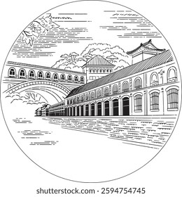 building and bridge line art design stock photos