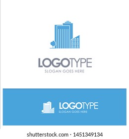 Building, Build, Dormitory, Tower, Real Estate Blue Solid Logo with place for tagline