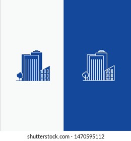 Building, Build, Dormitory, Tower, Real Estate Line and Glyph Solid icon Blue banner Line and Glyph Solid icon Blue banner. Vector Icon Template background