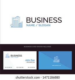 Building, Build, Dormitory, Tower, Real Estate Blue Business logo and Business Card Template. Front and Back Design. Vector Icon Template background