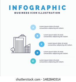 Building, Build, Dormitory, Tower, Real Estate Line icon with 5 steps presentation infographics Background