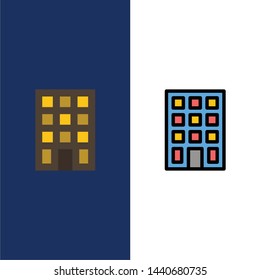 Building, Buildings, Construction  Icons. Flat and Line Filled Icon Set Vector Blue Background