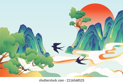 A building is built in a mountain with peaks and clouds in the background, vector illustration