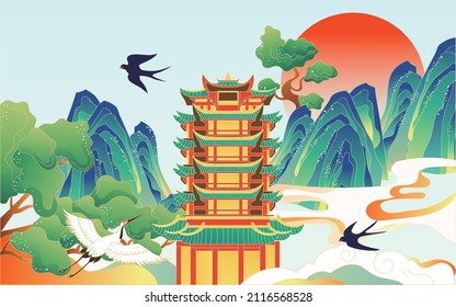 A building is built in a mountain with peaks and clouds in the background, vector illustration