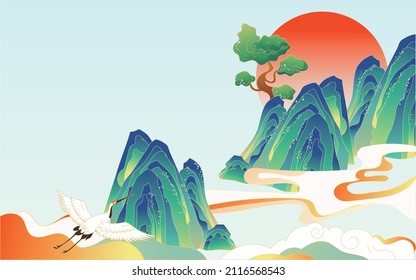 A building is built in a mountain with peaks and clouds in the background, vector illustration