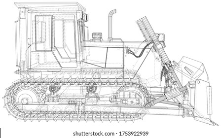 Building bulldozer illustration vector. Wire-frame line isolated. Vector rendering of 3d.