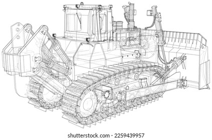 Building bulldozer illustration vector. Wire-frame line isolated. Vector rendering of 3d